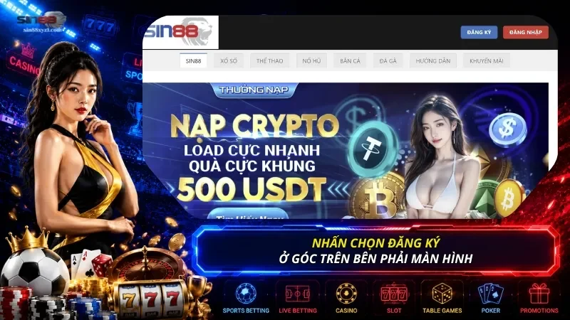 Nhấn chọn vào biểu tượng Đăng Ký ở góc trên bên phải màn hình