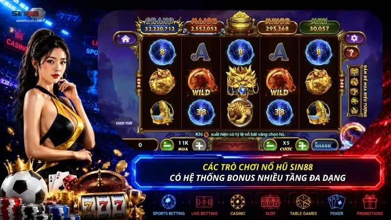 Các trò chơi quay hũ trên SIN88 có hệ thống bonus nhiều tầng khá đa dạng để tăng tiền thưởng